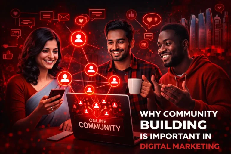 Community Building in Digital Marketing illustrated with people interacting around a laptop while social media icons and network connections represent an online community