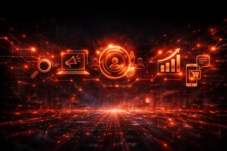 digital marketing trends 2026 concept showing online marketing strategy, audience targeting and business growth analytics