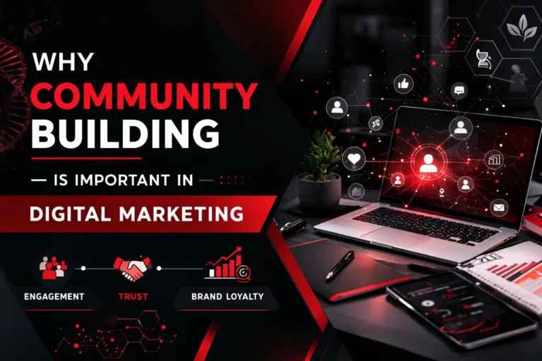 Community Building in Digital Marketing illustrated with a red and black themed design showing people connected through digital networks and social media icons