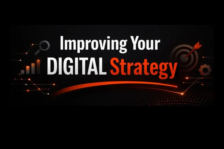 Thumbnail image for digital marketing trends 2026 blog showing “Improving Your Digital Strategy” text on a black background