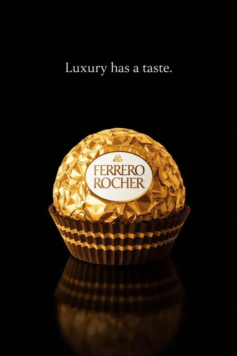 Ferrero Rocher luxury chocolate spec ad featuring a single golden-wrapped piece on a dark background with the tagline ‘Luxury has a taste'