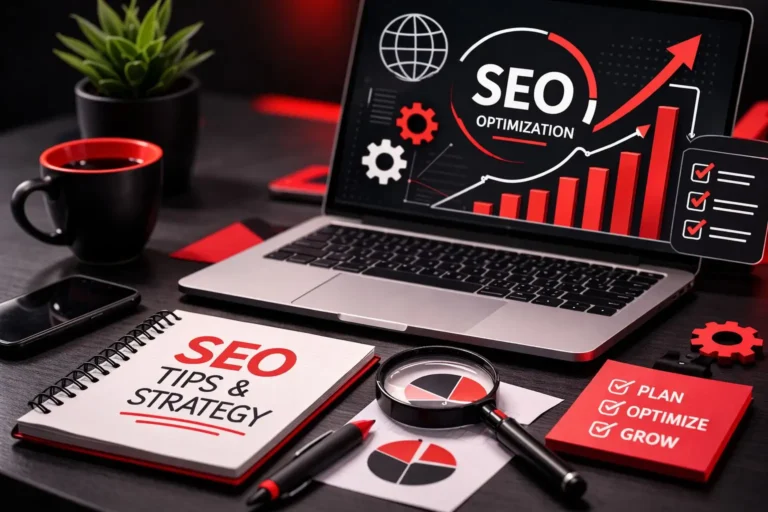 Portfolio website SEO optimization shown through a laptop displaying SEO analytics, growth charts, and a workspace with SEO notes and strategy planning tools