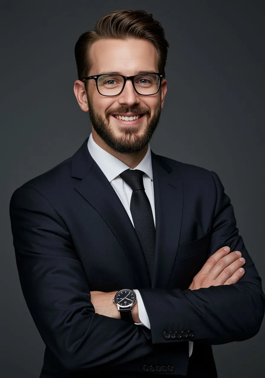 male client in black suit with confident posture for testimonial section