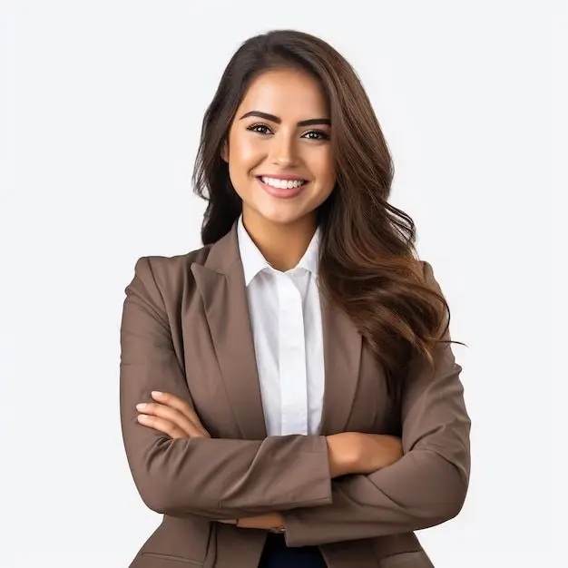 smiling female client in brown blazer with confident pose for testimonial section
